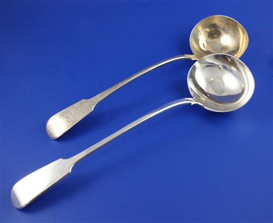 Two 19th century silver fiddle pattern soup ladles, 15.5 oz.